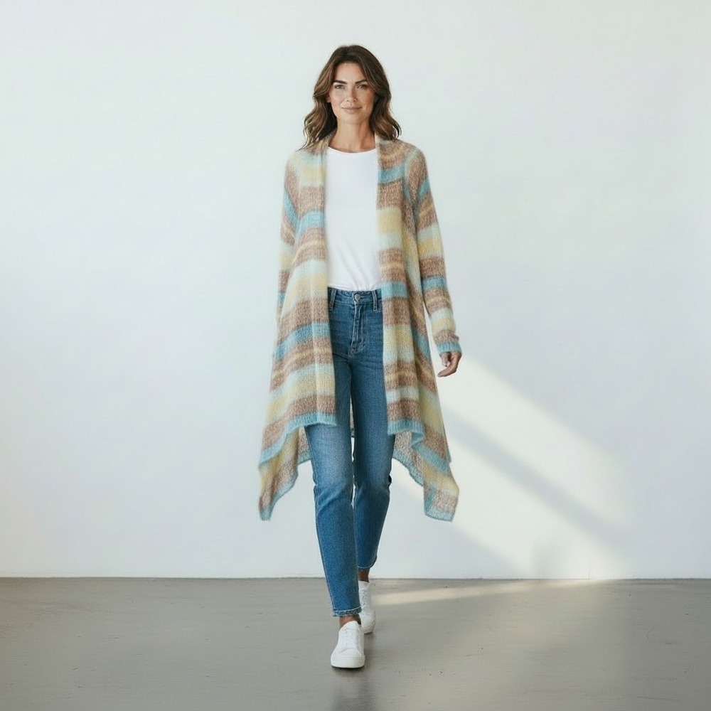 intro Casual Elegance Womens‎ XL Striped  Longline Wool Mohair Blend Cardigan
